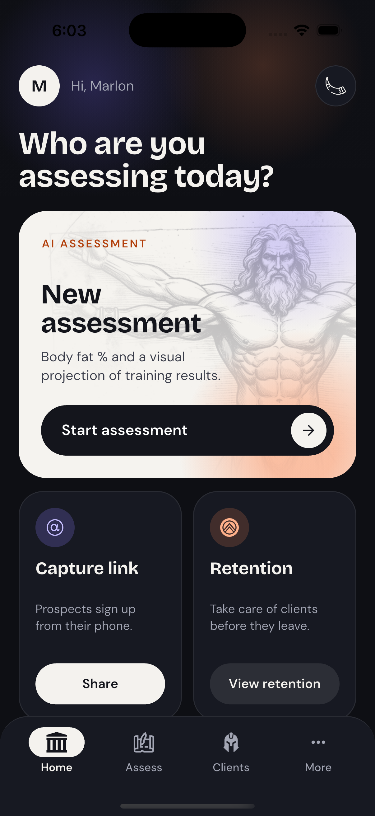TrainerGun home screen: start an assessment, share your capture link, and spot clients who need a save call.